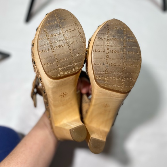 Isola Metallic Shimming  Mandra Snake Print Big Side Buckle Wood Heels Size 6.5 - Picture 13 of 15